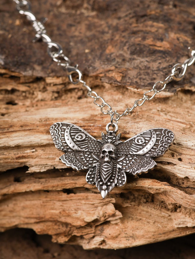 HAQUIL Skull Necklace, Gothic Punk Deathhead Hawkmoth Pendant, Barbed Wire Chain, Gothic Jewelry Gift - Image 3